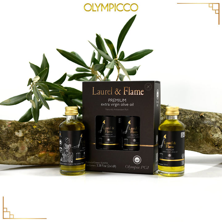 LAUREL AND FLAME Premium Extra Virgin Olive Oil Rich in Polyphenols - Gift Box of 2 x 1.7 fl oz - OLYMPICCO.COM