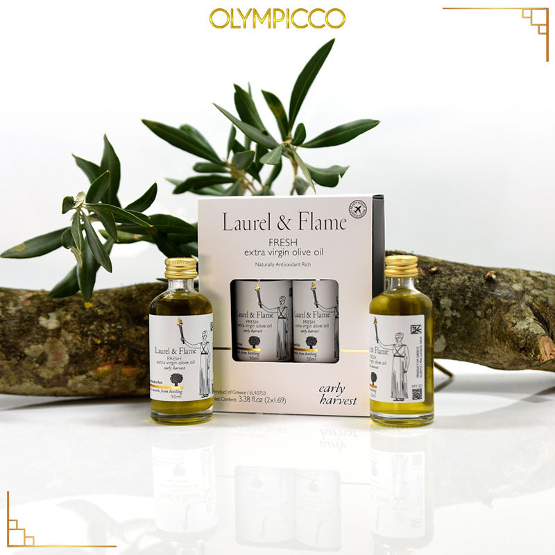 LAUREL AND FLAME Premium Extra Virgin Olive Oil Rich in Polyphenols - Gift Box of 2 x 1.7 fl oz - OLYMPICCO.COM