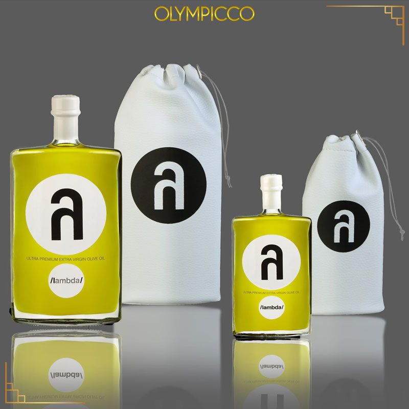 Lambda Ultra-Premium Olive Oil – Free Custom Branded Logo - Hand Sewn Leather Pouch Edition - OLYMPICCO.COM